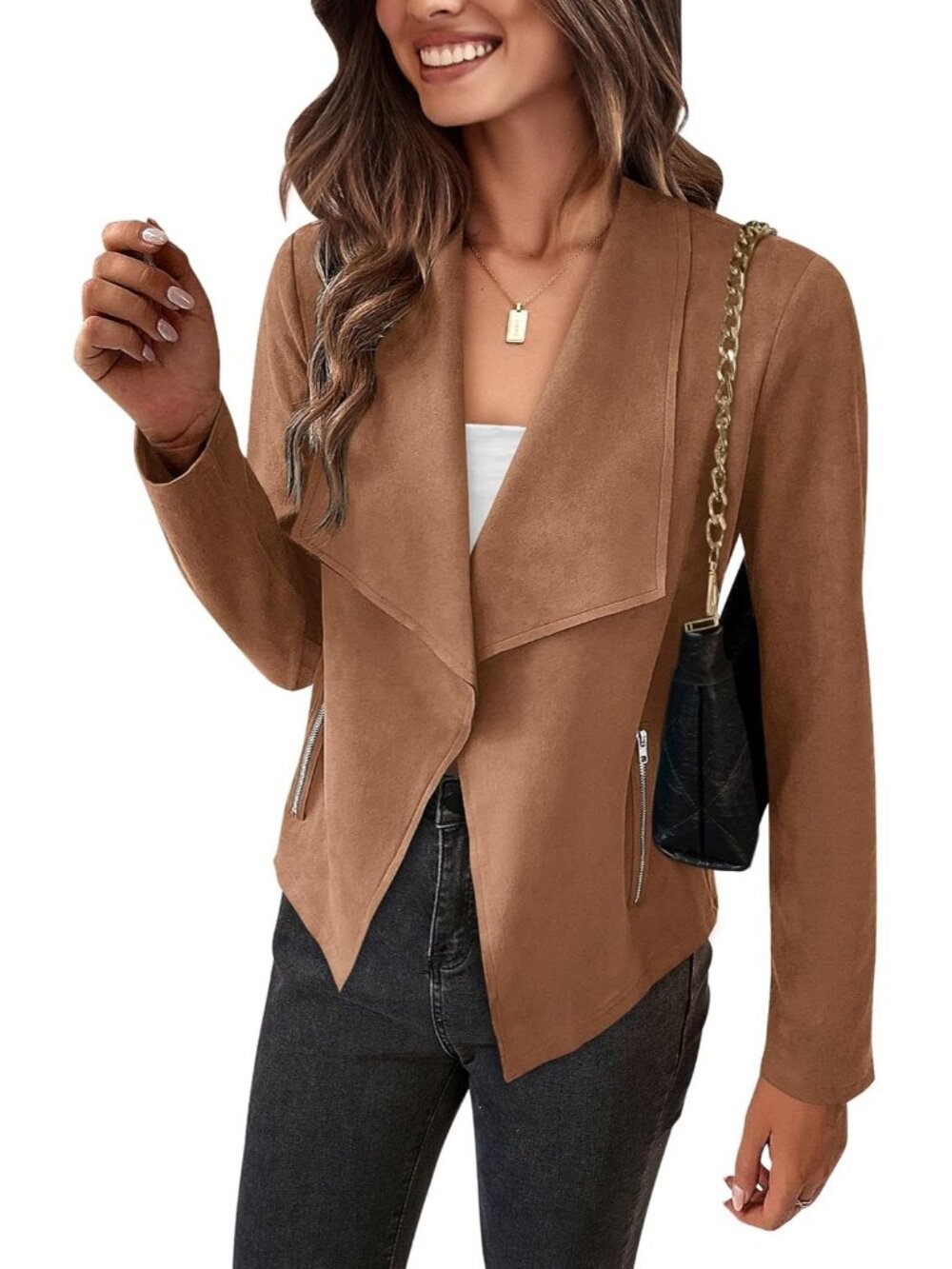 Women's Camel Faux Suede Open Front Waterfall Collar Long Sleeve Draped Jacket